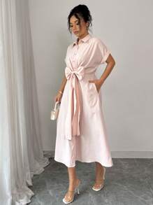 Elenzga Abito dalle linee semplici e minimal, elegante e comodo per lavoro e tempo libero, in colore unito, con cintura in vita a fiocco, chiusura lampo a metà e scollo avvolgente, adatto a occasioni casual e vacanze