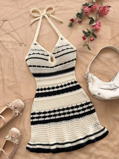 Soleia 女式 V 领镂空露背系带拼色条纹针织荷叶边下摆连衣裙，适合节日、约会、下午茶、度假、音乐节、波西米亚风、海滩、夏季