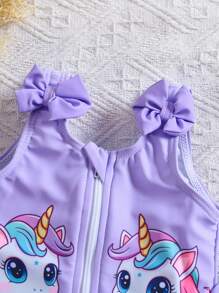 新生儿可爱蝴蝶结装饰独角兽印花拉链连体泳衣 - 淡紫色 - 查看 4