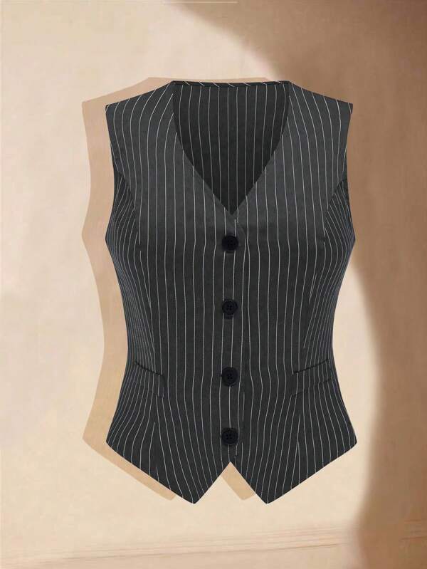 SHEIN MOOSTA Fashionable & Elegant Fitted Striped Vest Waistcoat For Women, Sleeveless Short Style Casual Camisole Graduation,Back To School,Teacher Outfits For Women