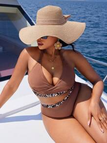 Slaydiva Plus Size Women Leopard Print Textured Fabric Sports Casual Swimwear Set For Summer Beach Vacation - Multicolor - View 1