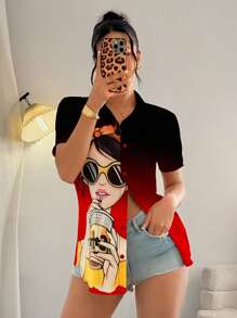 Elenzga Ombre Portrait Print Front Button Summer Short Sleeve Shirt - Multicolor - View 4