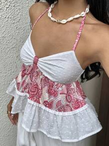 Sunnyshic Women's Paisley Patchwork Spaghetti Strap Spaghetti Strap Top, Casual Summer Vacation , Babydoll Top