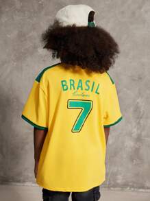 SHEIN Leap Crew Tween Boys Spring/Summer Streetwear Round Neck Short Sleeve 'Brasil 7' Numeric & Letter Print Casual Loose Fit T-Shirt,Parent-Child Clothing - Yellow - View 2
