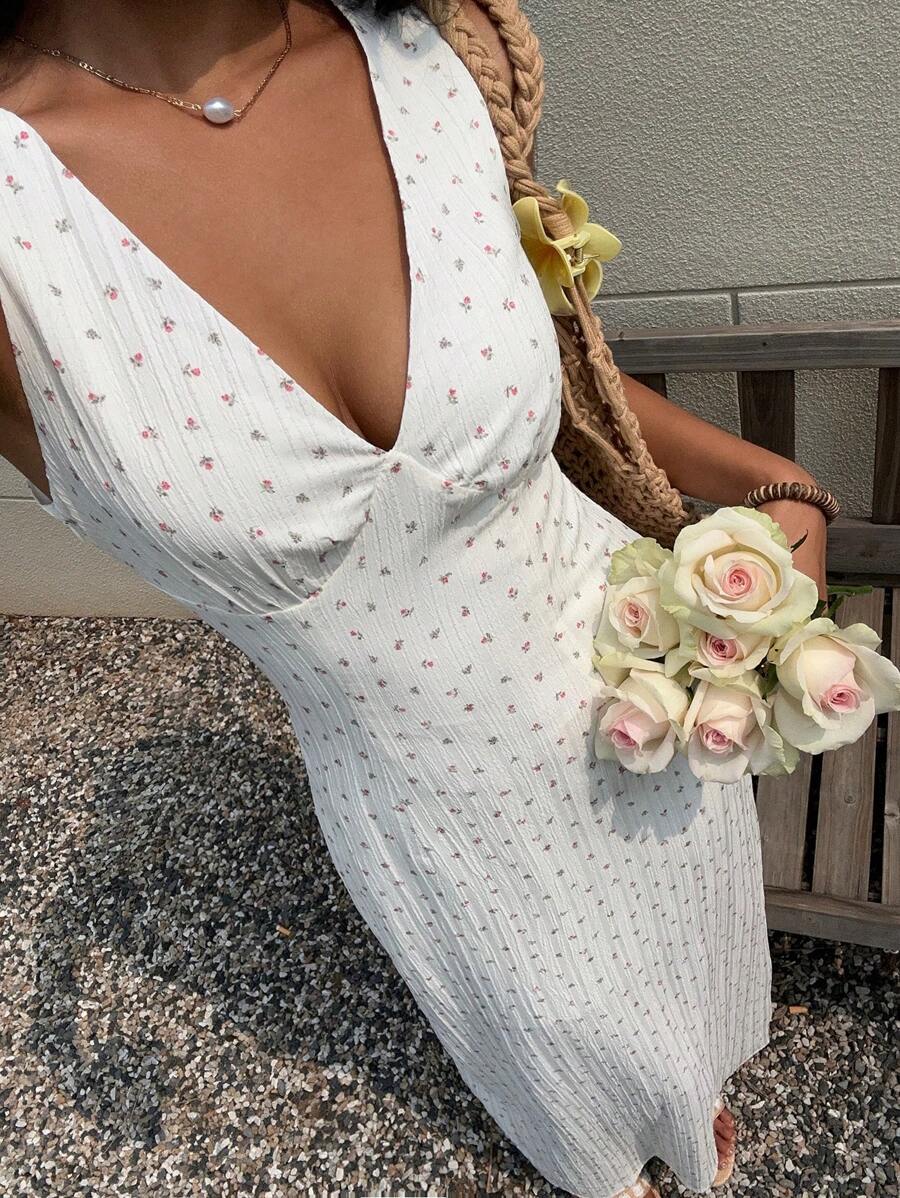Sunnyshic Textured Ditsy Floral V-Neck Waist Shaped A-Line Long Dress - White - View 1