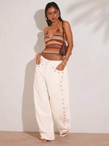 SHEIN BAE 1 Pieza de Verano y Primavera Camiseta de Tirantes con Cuello en V Sencillo a Rayas de Ganchillo Adecuada para Vacaciones de Primavera Verano, Elegante Sexy Playa Resort Isla Vacaciones, Mujer Luna de Miel, Fiesta de Piscina Vacaciones