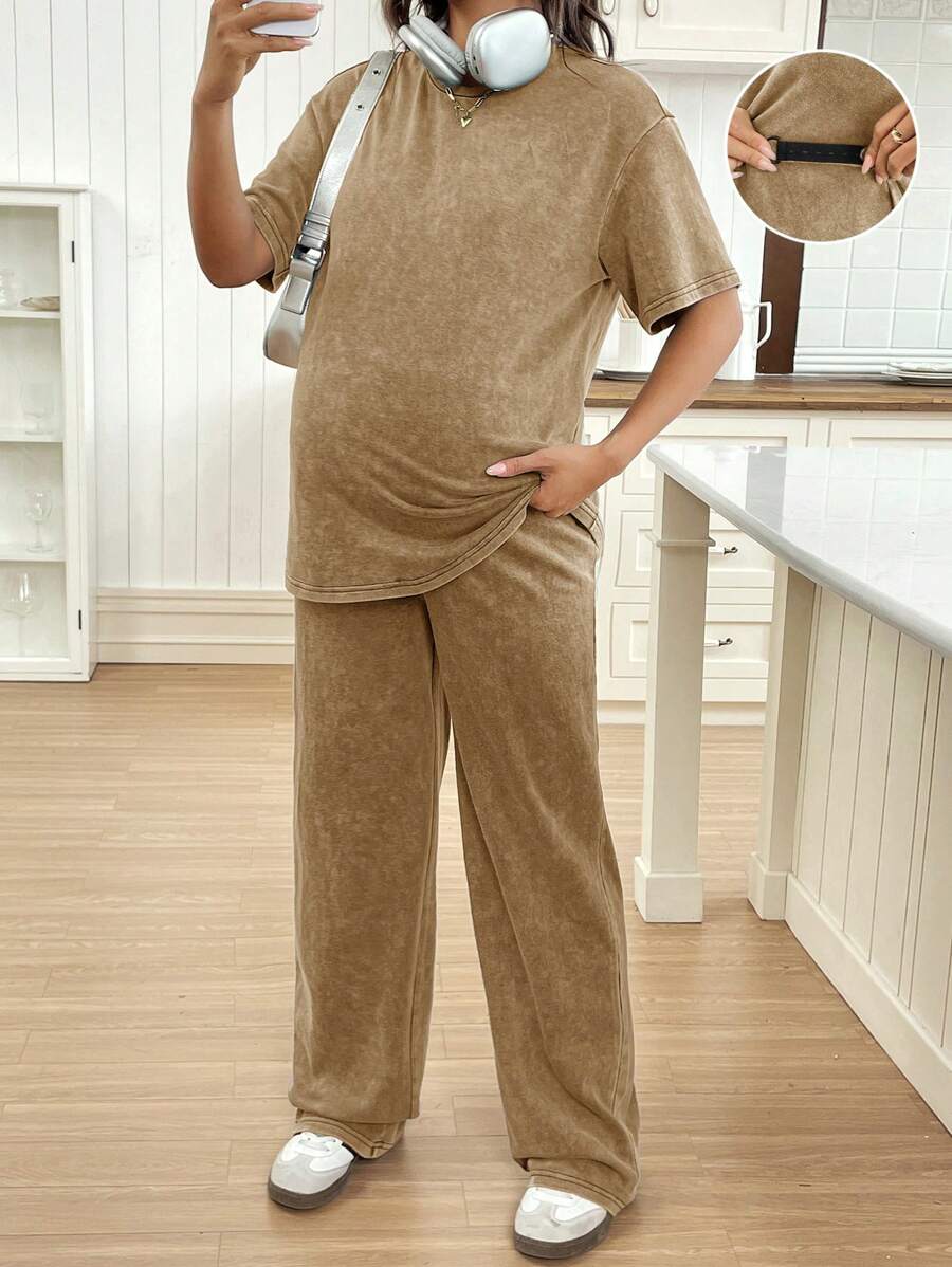 SHEIN Maternity Casual Round Neck Short Sleeve Top And Straight Leg Pants Set, Distressed Washed Relaxed Fit - Khaki - View 1