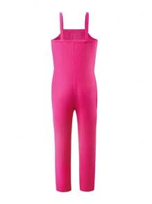 2 Pcs/Set Setelan Anak Perempuan Kreatif Lucu Kasual Warna Polos Cardigan Mantel Panjang + Celana Jumpsuit - Hot Pink - View 5