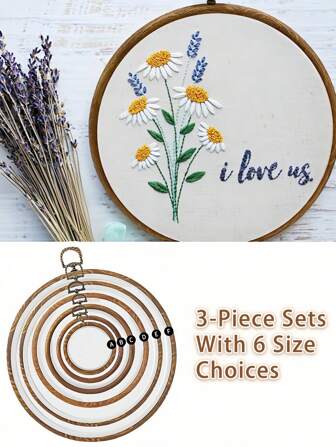 3PCS Vintage Round Embroidery Hoop Frame Kit – Brown Wood Grain Design, ABS/PVC Material, 6 Sizes For DIY Cross-Stitch, Needlework & Wall Decor – Includes 16 Needles, Metal Hook, Palace Style Handicraft Supplies For Home Craft Decoration
