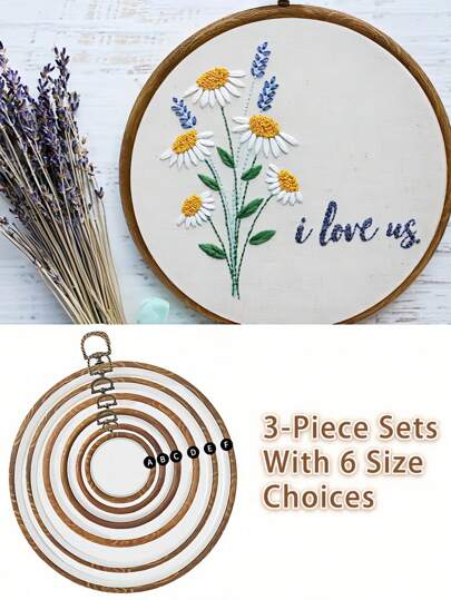 3 件套复古圆形绣花箍框架套件 - 棕色木纹设计，ABS/PVC 材质，6 种尺寸，适用于 DIY 十字绣、针线活和墙面装饰 - 包含 16 根针、金属钩、宫廷风格手工艺品，适用于家居工艺装饰
