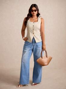 Elaquor Plus Size Women's Square Neck Sleeveless Button Decor Blouse - Apricot - View 1