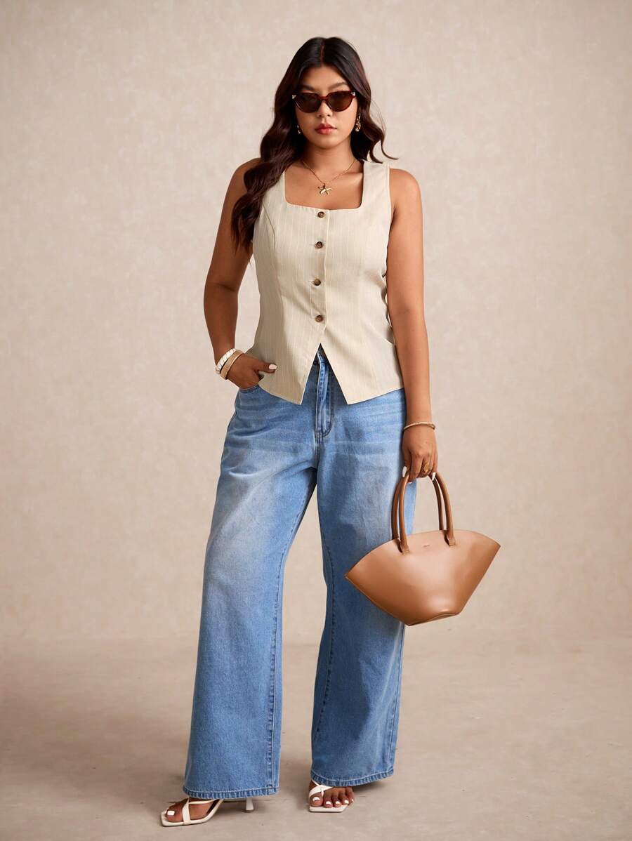 Elaquor Plus Size Women's Square Neck Sleeveless Button Decor Blouse - Apricot - View 1