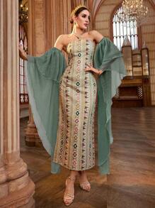 Al Najma 女士花卉印花挂脖式优雅阿拉伯连衣裙 - 綠色 - 查看 6