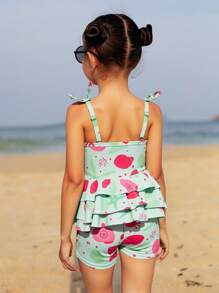 SHEIN Young Girl's Starfish Print Ruffled Hem Tankini Swimwear Set Girls Clothes For Beach - Multicolor - View 2