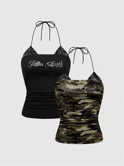 Women's Rhinestoned 2-In-1 Lace Trim Halter Ruched Tank Top Multitier Set