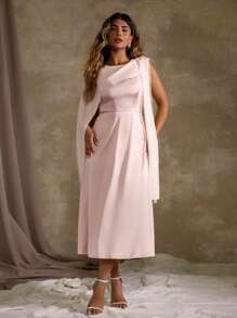 Plus Size Solid Color Draped Split Sleeve Elegant Summer Dress - Pink - View 6