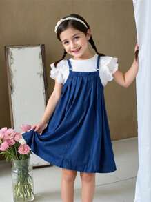 Conjunto de 2 piezas: Blusa con volantes bordados calados y vestido camisero plisado para niña joven - Rosa - Ver 1