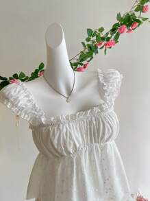 Lunelith SHEIN Lunessa Nouvelle blouse femme à fine bretelle et petite manche épaulette en dentelle blanche, style français, coupe slim, pour l'été