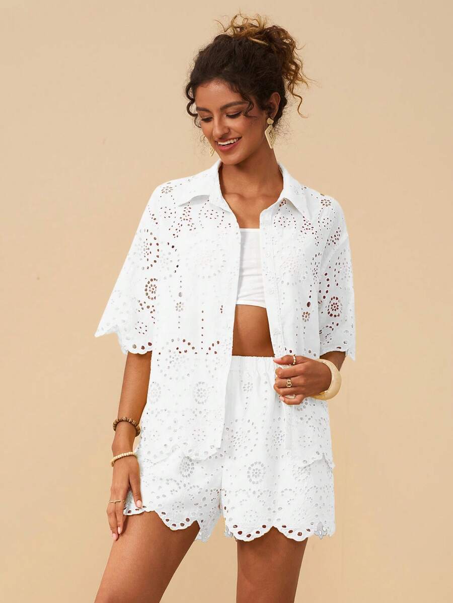 Travachic 女士镂空短袖单排扣宽松休闲衬衫，休闲女装风格，秋季时尚，外出休闲，优雅乡村风 - 白色 - 查看 1