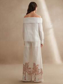 Anewsta 1件露肩长袖上衣和植物印花长裤套装 - 米色 - 查看 2