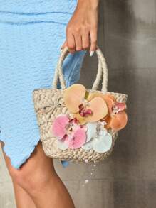 SHEIN ICON Bolsos de asa superior para mujeres, bolso de paja, flores, lazo de perlas, perlas, de moda, elegante, simple, personalizado, versátil, callejero, dulce y fresco para chicas, chicas calientes, Y2K, para playa, vacaciones, festividades, verano, orilla del mar