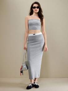 Muvela Women Short Bandeau Knit Top And Mini Skirt 2 Pieces Set, Casual Daily Summer Two Piese Set Women Skirt And Top Set