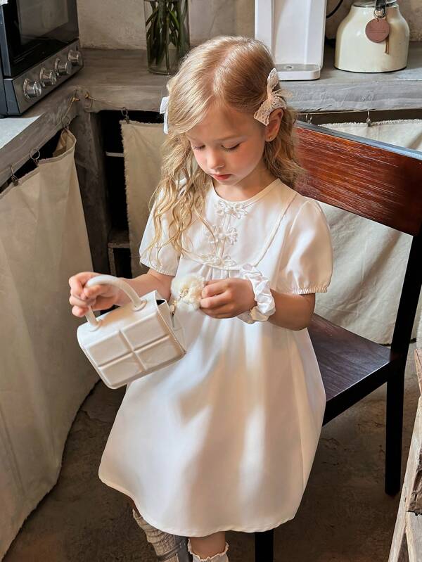 SHEIN Young Girl Solid Color Round Neck Short Sleeve Casual Dress, Fashionable All-Match High-Grade Comfortable Versatile Countryside Chic
