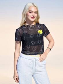 SmileyWorld® | SHEIN 女士笑脸图案圆领透视短袖衬衫 - 黑色 - 查看 4