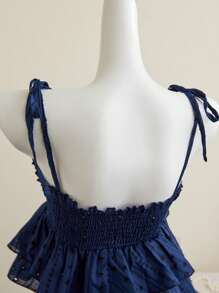 Elamini Embroidery Hollow Tie-Up Cute Solid Color Tank Top, Summer - Navy Blue - View 5