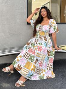 SHEIN EZwear Plus Size Summer Plant & Floral Print Casual Doll Sleeve Ruffle Hem Tie-Waist A-Line Dress - Multicolor - View 11