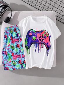 SHEIN 2pcs Tween Boy Spring/Summer New Colorful Game Controller Printed Matching Colorful Printed Knit Shorts, Street-Style, Beach Vacation, School, Campus, College
