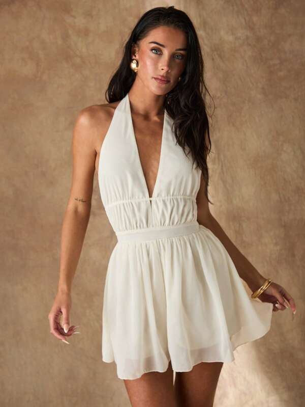 Glamine Sexy V-Neck Halter Backless Tie Up Romper, Solid Color Loose Fit Jumpsuit, Suitable For Beach Vacation, Holiday, Casual Wear Beach Outfits For Woman Resort Wear Woman S Summer Clothes