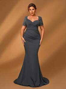 Serin Váy cưới cho mẹ cô dâu cỡ lớn bằng vải satin chắp vá ren màu xám thanh lịch - Xám - Xem 1