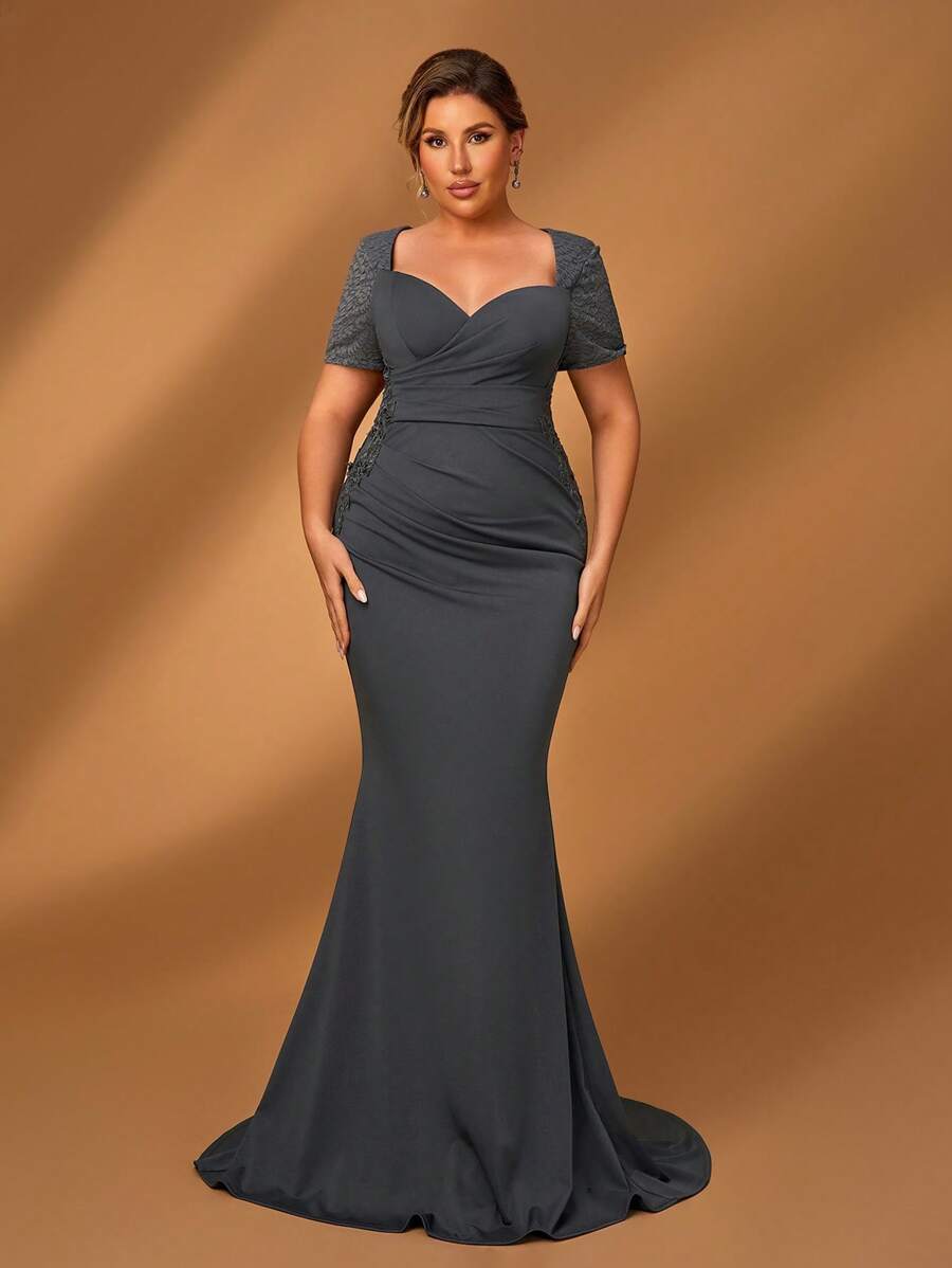 Serin Váy cưới cho mẹ cô dâu cỡ lớn bằng vải satin chắp vá ren màu xám thanh lịch - Xám - Xem 1