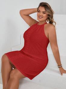 SHEIN VCAY 大码女式沙滩风系带刺绣休闲连衣裙 - 紅色 - 查看 6