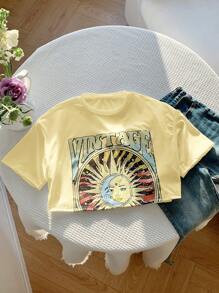 SHEIN EZwear 女式黄色字母和太阳脸印花短袖休闲T恤，夏季度假上衣 - 黃色 - 查看 4