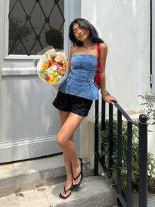 SHEIN EZwear 女士纯色牛仔紧身胸衣 - 藍色 - 查看 6