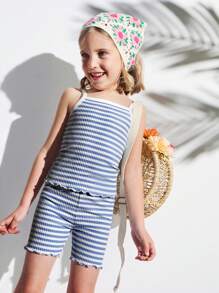 THE HAPPY LOOK Conjunto de top de camisola acanalado azul y shorts pitillo de cintura elástica para niñas jóvenes, en estilo casual y cómodo