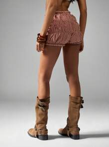 MISSGUIDED Ruffle Layered Gingham Bloomer Short Summer Beach Holiday Tiered Cotton Blend High Waist Ruffle Trim Casual Boho Festival Puff Style Short - Red and White - View 2