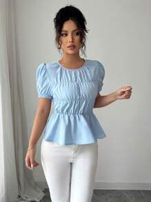 Elenzga Nueva blusa de mujer de cuello redondo con mangas abullonadas y recogida en azul cielo, primavera/verano