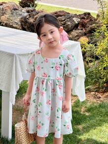 SHEIN Young Girls Woven Floral Puff Sleeve Fitted A-Line Hem Dress, Suitable For Girls Daily Wear, Vacation, Festival, Family Gathering And Special Occasions - White - View 4
