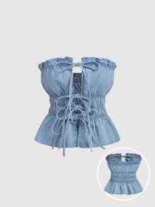 SHEIN MOD Women Casual Fitted Stretch Denim Crop Top With Tie Strap, Blue Mother Day Mother Day Summer Corset Tops For Women Vacation Summer Going Out Tops Women Tops For Summer Boho Top Cute Summer Tops Summer Tops Women Tea Party Top Concert Beach Tops Rave Top - Light Wash - View 1