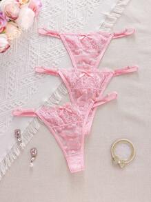 SHEIN 3pcs/Set Women Low Waist Lace G-String, Assorted Heart Pattern - Pink - View 6