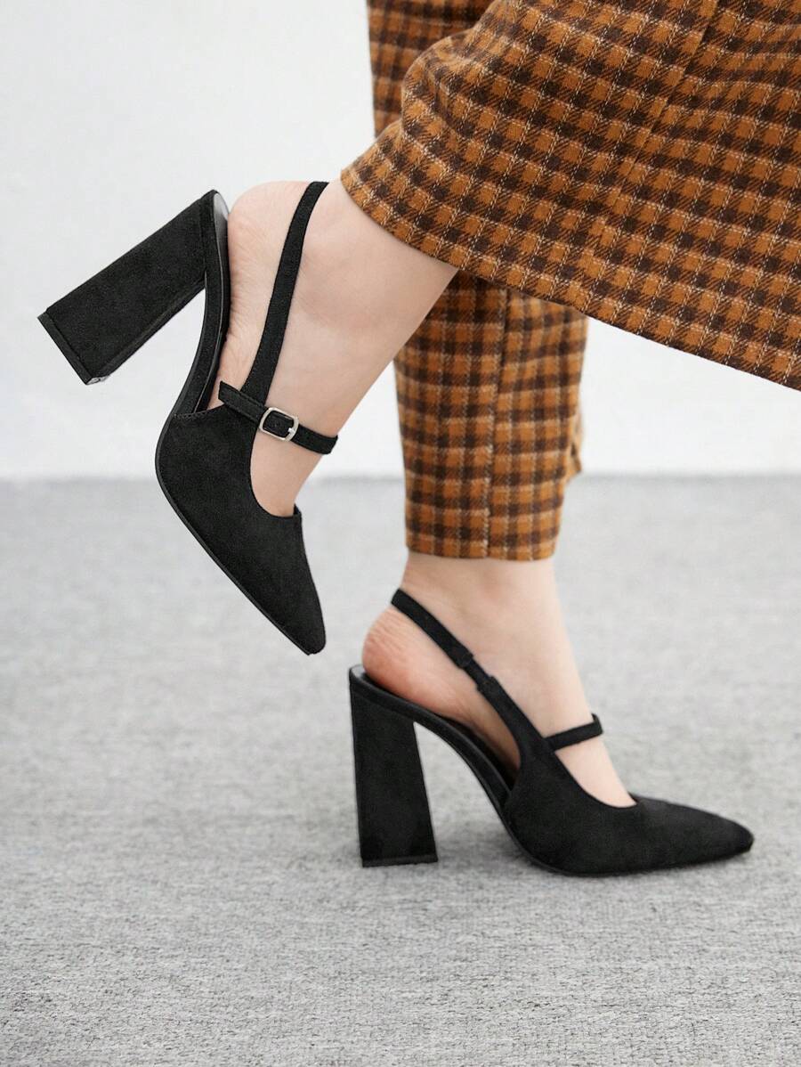 CUCCOO BIZCHIC 基本款简约黑色绒面革粗跟尖头系带时尚女鞋 - 黑色 - 查看 1