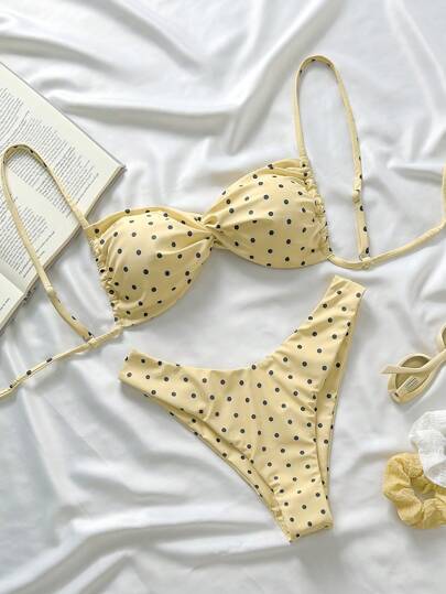 Swim Mod Conjunto de bikini para mujer con estampado de lunares aleatorio, tirantes finos y corte alto sexy para el verano y la playa