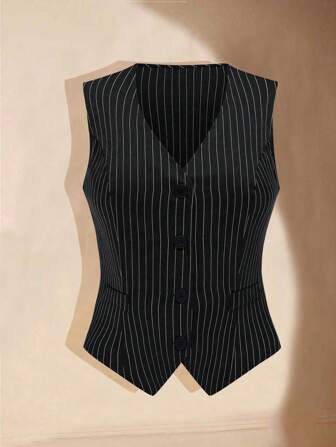 SHEIN MOOSTA Fashionable Elegant Slim Stripe Waistcoat Vest For Women, Sleeveless Short Chic Camisole Graduation,Back To School,Teacher Outfits For Women