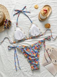 SHEIN Swim 2pcs/Set Women Summer Beach Outfits - Ditsy Floral Frill Triangle Top And Bottoms With Drawstring Sides, Bikini Set With Headband - Multicolor - View 2