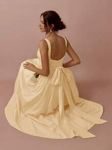 Enchnt 1pc Women Square Neck Pleated Sleeveless Elegant Dress Butter Yellow Dress - Yellow - View 3