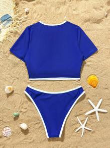 Swim SPRTY 2pcs/Set Women Conservative Style Rash Guard Crew Neck Short Sleeve Crop Top With Low Rise Hipster Bottoms Swimwear For Summer Beach Vacation - Blue - View 2