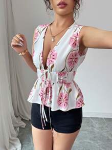 SHEIN Unity Women Floral Print Tie Front Camisole - Multicolor - View 5